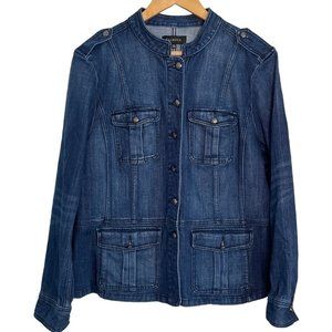 Talbots Womens XL Blue Denim Jean Jacket Military Metal Buttons Tailored